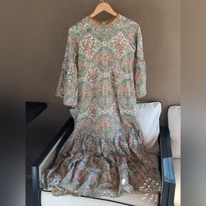 Lexy London Long Sleeve Paisley Dress in Green and Pink 100% Cotton